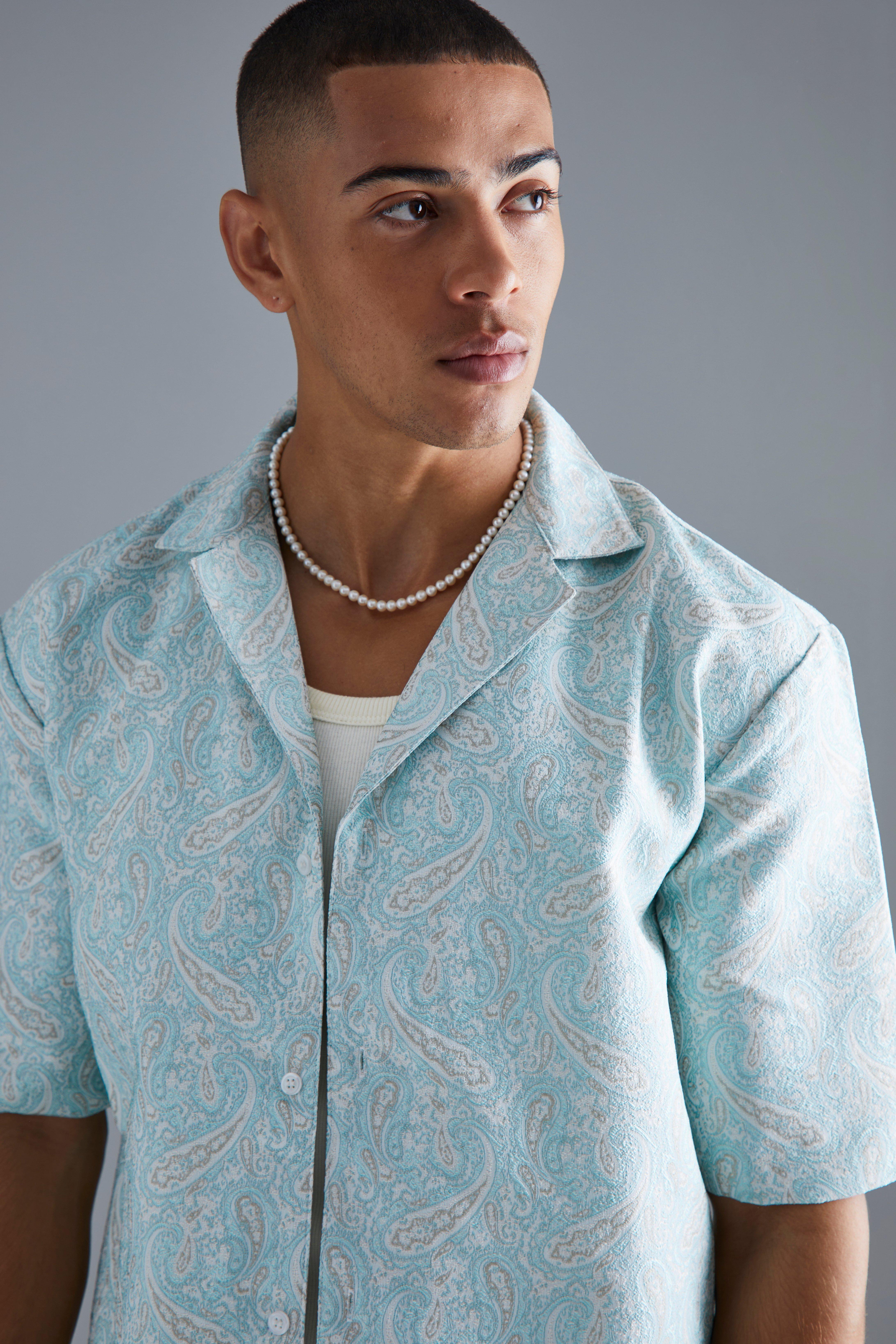 Men's Short Sleeve Drop Revere Paisley Jacquard Shirt | Boohoo UK